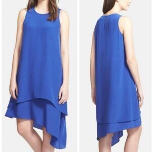 Eileen Fisher Silk Georgette Asymmetrical Layered Gray Midi Dress SMALL